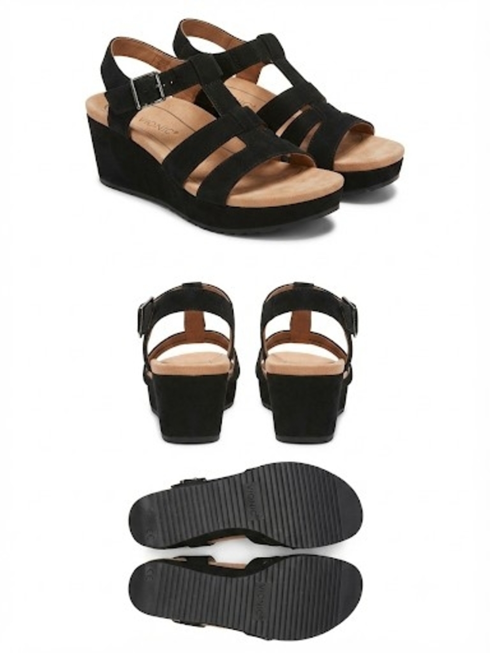 Vionic Black Suede Wedge Sandals with Ankle Strap